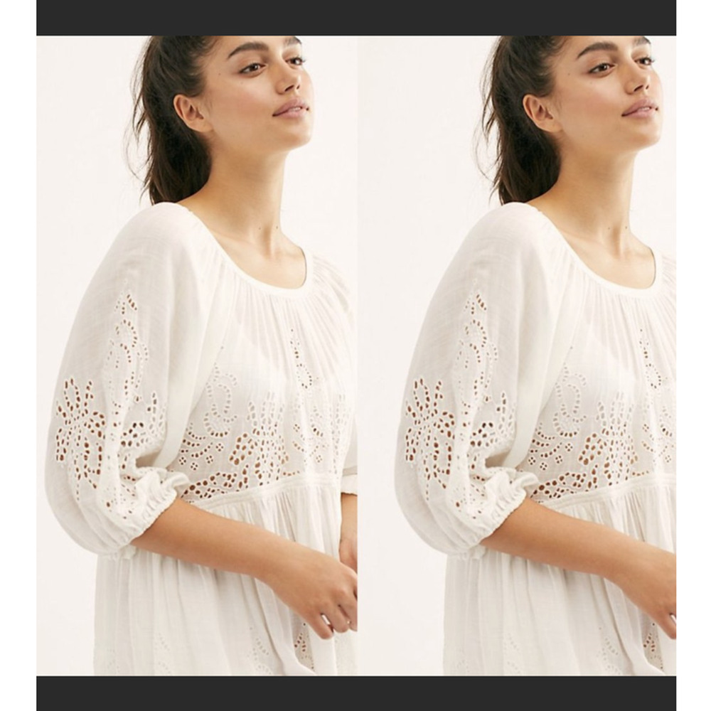 Free People White Eyelet Boho Flowy Balloon Sleeve Dress - Picture 5 of 8